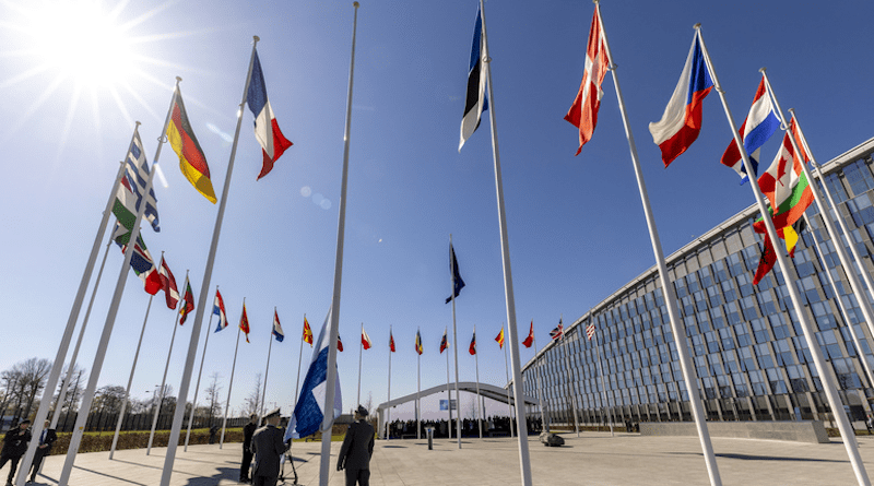 Finland's flag is raised at NATO headquarters. Photo Credit: NATO