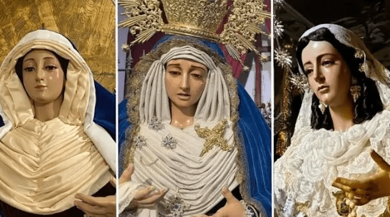 As Holy Week 2023 processions began in Spain, three wooden carvings of the Virgin Mary were damaged by fire in three separate incidents. | Credit: Brotherhood of Holy Tuesday (Chiclana), Brotherhood of the Virgen del Rocío (Vélez), and Virgen de Gracia Parish (Almadén)