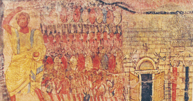 The Hebrew people leaving Egypt, led by Moses, on a mural in the synagogue of Doura Europos, in Syria. Credit: Wikipedia Commons