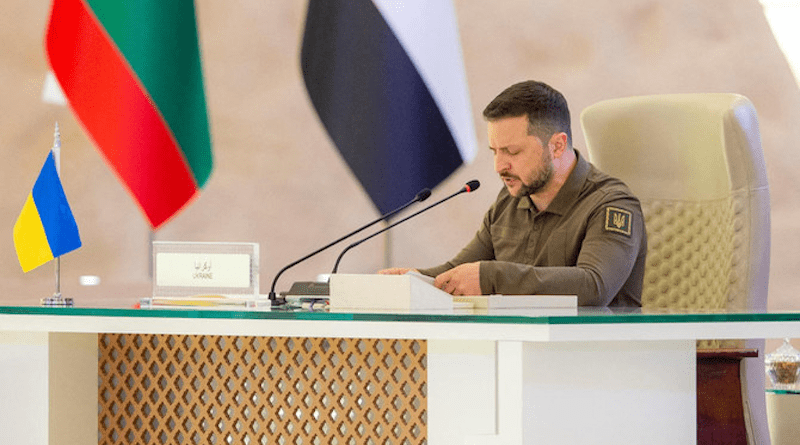 President Volodymyr Zelenskyy of Ukraine addresses the Arab League Summit in Jeddah on May 19, 2023. (SPA)