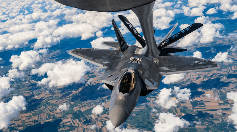 A U.S. Air Force F-22 Raptor aircraft approaches an Air Force KC-135 Stratotanker aircraft assigned over Poland. Photo Credit: Air Force Staff Sgt. Kevin Long