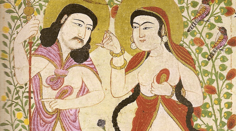 Detail of painting from Manafi al-Hayawan (The Useful Animals), depicting Adam and Eve. From Maragheh in Iran, 1294–99. Credit: Wikipedia Commons