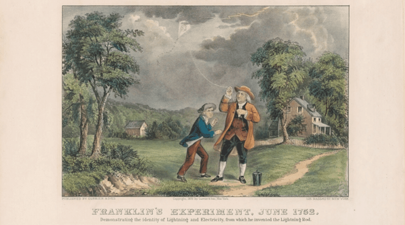 Hand-colored lithograph published by Currier & Ives in 1876. This is probably the most widely distributed illustration of the experiment. Franklin is wrongly shown to be holding the string in one hand above the point to which the key is attached. Had he done so, he would have earthed the kite, and the experiment would not have worked CREDIT: Bequest of A. S. Colgate, 1962
