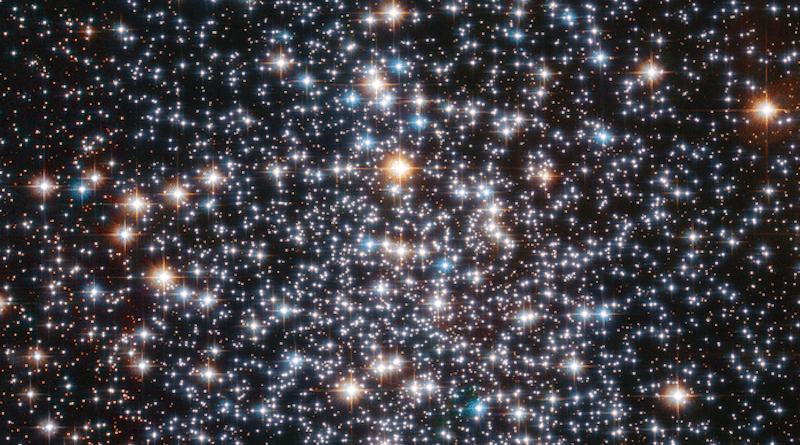 A Hubble Space Telescope image of the globular star cluster, Messier 4. The cluster is a dense collection of several hundred thousand stars. Astronomers suspect that an intermediate-mass black hole, weighing as much as 800 times the mass of our Sun, is lurking, unseen, at its core. CREDIT: ESA/Hubble, NASA