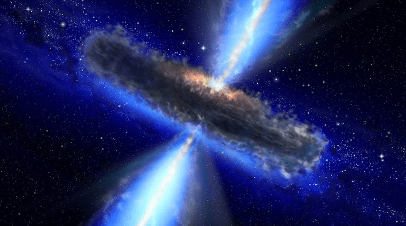 An artist’s impression of a dusty region around a black hole. The most dust-enshrouded black holes can completely stop X-rays and visible light escaping, but the same dust can be heated by a growing black hole and will glow brightly at infrared wavelengths. Credit: ESA/NASA, the AVO project and Paolo Padovani