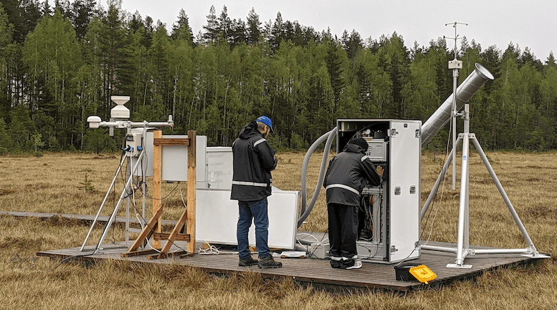 Maintenance of the state-of-the-art Vocus proton transfer mass spectrometer in a weather-proof, air-conditioned box. In the photo: Doctoral Researcher Lejish Vettikkat (on the right) and Laboratory Engineer Pasi Miettinen. Photo by Siegfried Schobesberger.