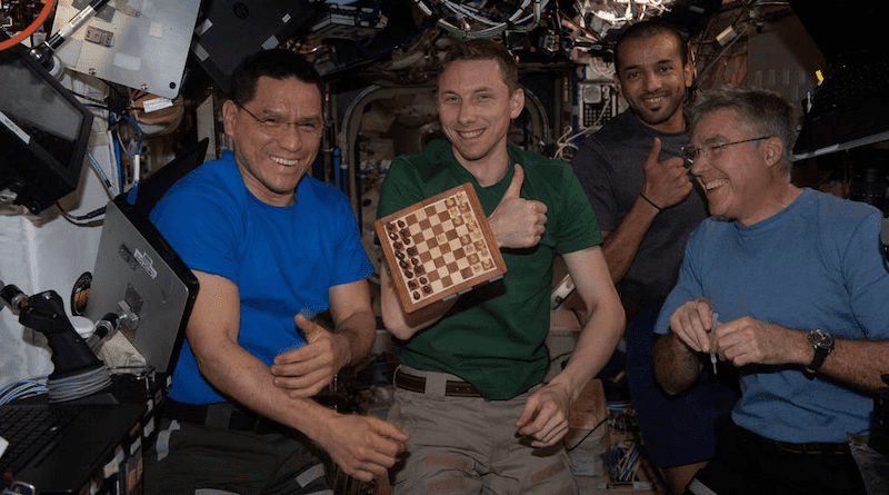 Astronauts Frank Rubio and Woody Hoburg of NASA, Sultan Alneyadi from UAE (United Arab Emirates), and Stephen Bowen of NASA celebrate winning the first round of a space-to-ground chess tournament with Mission Control in Houston during Expedition 69. Credits: NASA
