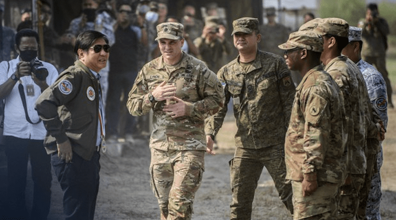 Philippine President Ferdinand Marcos Jr. greets U.S. and Philippine soldiers participating in joint military exercises in San Antonio town in Zambales, a province facing the West Philippine Sea, April 26, 2023. Photo Credit: Jojo Riñoza/BenarNews