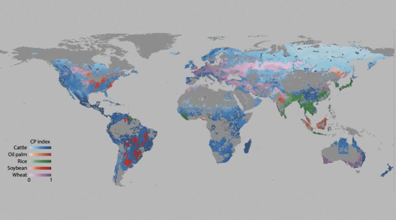 The map shows the land use and conservation priority index for major agricultural commodities. The grid cells are coloured according to the dominant crop grown, and the intensity of the colour, from lighter to darker shades, indicates the conservation priority of each cell. CREDIT: Graphic: Hoang et al. 2023