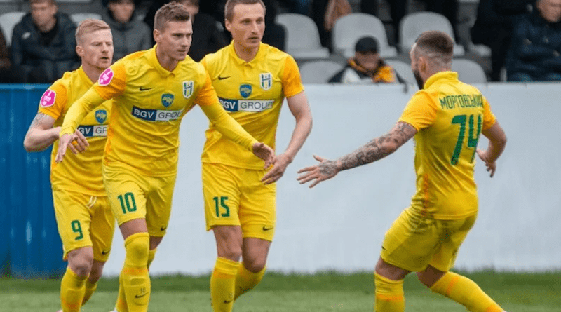 Players from FC Polissya Zhytomyr celebrate. Photo Credit: FC Polissya Zhytomyr