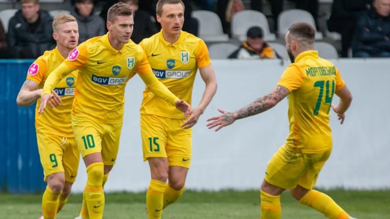 Players from FC Polissya Zhytomyr celebrate. Photo Credit: FC Polissya Zhytomyr