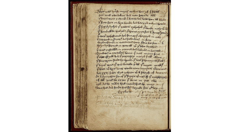 Scribe's note ‘By me, Richard Heege, because I was at that feast and did not have a drink’, in the Heege Manuscript (bottom of p.60 verso). This caught the attention of Cambridge researcher Dr James Wade. CREDIT: National Library of Scotland
