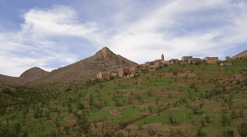 Panoramic view of Idindi village in Ighrem and nearby terraced fields, April 2022. Photo: Jamal Maghiouzi/HAF