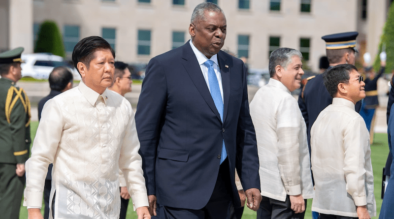 Secretary of Defense Lloyd J. Austin III and President of the Philippines Ferdinand Romualdez Marcos Jr., left, arrive to an Armed Forces Full Honors ceremony at the Pentagon in Arlington, Virginia, May 3, 2023. The Armed Forces Full Honor Arrival Ceremony was supported by service members with the Military District of Washington and Soldiers assigned to the 3rd U.S. Infantry Regiment (The Old Guard). (U.S. Army photo by Sgt. XaViera Masline)