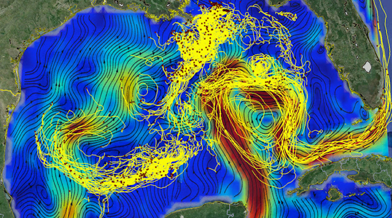 Computer scientists at MIT joined forces with oceanographers to develop a machine-learning model that incorporates knowledge from fluid dynamics to generate more accurate predictions about the velocities of ocean currents. This figure shows drifting buoy trajectories in the Gulf of Mexico superimposed on surface currents. The red dots mark the buoys’ positions on March 9, 2016, and the tails are 14 days long. CREDIT: Edward Ryan and Tamay Özgökmen from the University of Miami