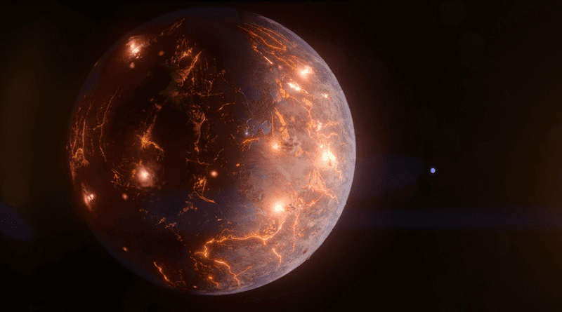 LP 791-18 d is an Earth-size world about 90 light-years away. The gravitational tug from a more massive planet in the system, shown as a blue disk in the background, may result in internal heating and volcanic eruptions – as much as Jupiter’s moon Io, the most geologically active body in the solar system. CREDIT: NASA’s Goddard Space Flight Center/Chris Smith/KRBwyle