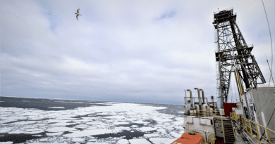 The research vessel JOIDES Resolution surrounded by sea ice as it approaches Antarctica's eastern Ross Sea during International Ocean Discovery Program (IODP) Expedition 374 CREDIT: Jenny Gales/University of Plymouth