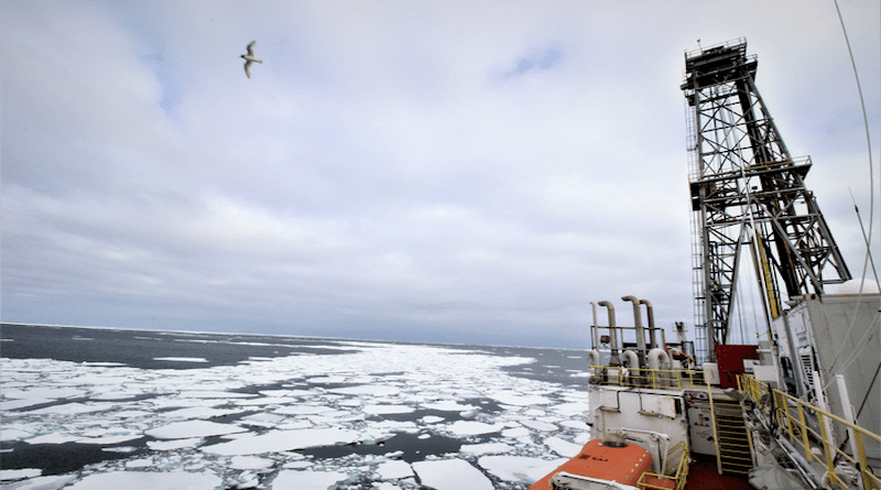 The research vessel JOIDES Resolution surrounded by sea ice as it approaches Antarctica's eastern Ross Sea during International Ocean Discovery Program (IODP) Expedition 374 CREDIT: Jenny Gales/University of Plymouth