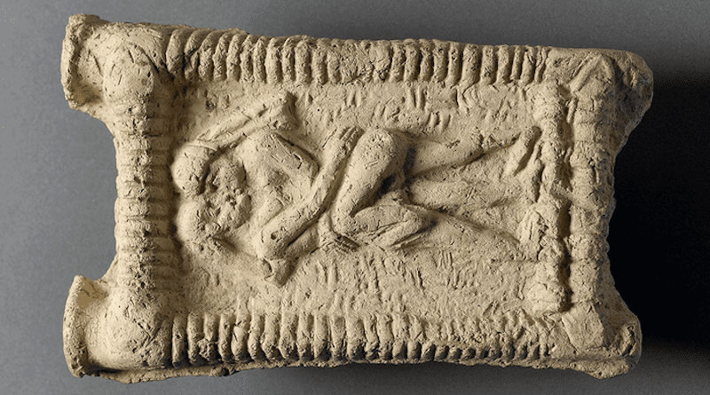 Babylonian clay model showing a nude couple on a couch engaged in sex and kissing. Date: 1800 BC. CREDIT: © The Trustees of the British Museum