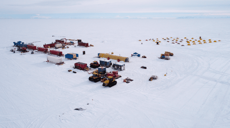 Drone view of the historic expedition from December 2018 to January 2019, when researchers accessed a subglacial lake for only the second time in history and retrieved the longest sediment core from a subglacial lake. CREDIT: Billy Collins
