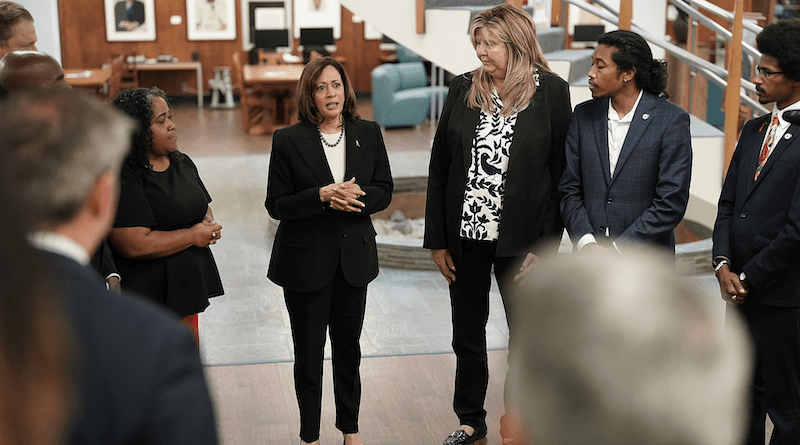 The Tennessee Three (right) pictured with Vice President Kamala Harris (center) on April 7, 2023. From left to right: Gloria Johnson, Justin Jones, and Justin J. Pearson. Photo Credit: Vice President Kamala Harris/Twitter, Wikipedia Commons