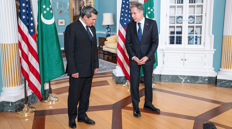 Secretary of State Antony J. Blinken meets with Turkmenistan Foreign Minister Rashid Meredov at the U.S. Department of State in Washington, D.C. on April 24, 2023. [Photo by Freddie Everett/Public Domain]