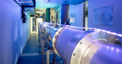 Partial section of the 30-metre-long quantum connection between two superconducting circuits. The vacuum tube (centre) contains a microwave waveguide that is cooled to around –273°C and connects the two quantum circuits. CREDIT: Image: ETH Zurich / Daniel Winkler