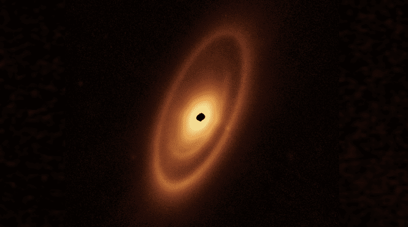 This image of the dusty debris disk surrounding the young star Fomalhaut is from Webb’s Mid-Infrared Instrument (MIRI). It reveals three nested belts extending out to 14 billion miles (23 billion kilometers) from the star. The inner belts – which had never been seen before – were revealed by Webb for the first time. CREDIT Credits: NASA, ESA, CSA, A. Gáspár (University of Arizona). Image processing: A. Pagan (STScI)