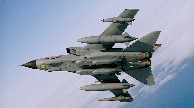 A RAF Tornado GR4 carrying two Storm Shadow missiles under its fuselage. Photo Credit: Geoff Lee/MOD, Wikipedia Commons