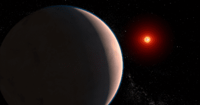 This artist concept represents the rocky exoplanet GJ 486 b, which orbits a red dwarf star that is only 26 light-years away in the constellation Virgo. By observing GJ 486 b transit in front of its star, astronomers sought signs of an atmosphere. They detected hints of water vapor. However, they caution that while this might be a sign of a planetary atmosphere, the water could be on the star itself – specifically, in cool starspots – and not from the planet at all. Credits: NASA, ESA, CSA, Joseph Olmsted (STScI)