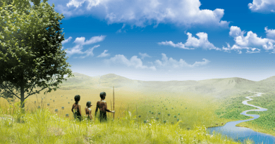 Artist illustration of hominins arriving in a multi-biome mosaic landscape. Such environments were greatly preferred by early humans, according to a new study published in the journal Science by a team of scientists from South Korea and Italy (Copyright, IBS Center for Climate Physics). CREDIT: Institute for Basic Science