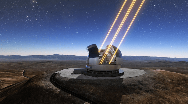 This artist’s rendering shows the Extremely Large Telescope in operation on Cerro Armazones in northern Chile. The telescope is shown using lasers to create artificial stars high in the atmosphere. The first stone ceremony for the telescope was attended by the President of Chile, Michelle Bachelet Jeria, on 26 May 2017. CREDIT: ESO/L. Calçada