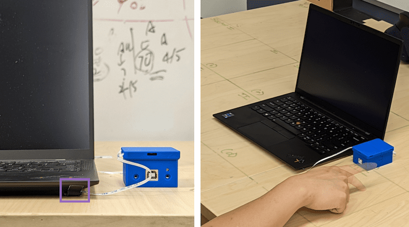 A sensing system called SAWSense takes advantage of acoustic waves traveling along the surface of an object to enable touch inputs to devices almost everywhere. Here, a table is used to power a laptop's trackpad. Credit Image: Interactive Sensing and Computing Lab, University of Michigan