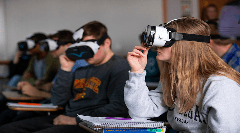 Students in a Spanish class at Iowa State University use VR headsets in 2020. CREDIT: Christopher Gannon/Iowa State University