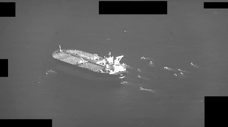 A screenshot of a video showing fast-attack craft from Iran’s Islamic Revolutionary Guard Corps Navy swarming Panama-flagged oil tanker Niovi as it transits the Strait of Hormuz, May 3, 2023. (U.S. Navy photo)