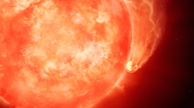 Astronomers using the Gemini South telescope in Chile, operated by NSF’s NOIRLab, have observed the first compelling evidence of a dying Sun-like star engulfing an exoplanet. The “smoking gun” of this event was seen in a long and low-energy outburst from the star — the telltale signature of a planet skimming along a star’s surface. This never-before-seen process may herald the ultimate fate of Earth when our own Sun nears the end of its life in about five billion years. CREDIT: International Gemini Observatory/NOIRLab/NSF/AURA/M. Garlick/M. Zamani