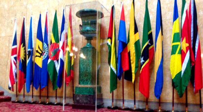 Flags represented at the UK-Caribbean Ministerial Forum. Photo Credit: UK government