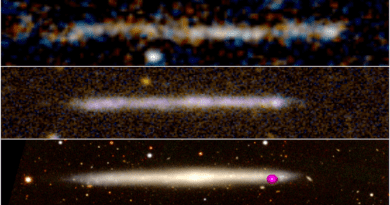 Above: Image of the object observed with the Hubble Space Telescope. It shows the emission in the ultraviolet part of the spectrum. Middle: Ultraviolet image of a local galaxy without a bulge and observed edge-on (IC 5249). The similarities are obvious. Bottom: The same galaxy IC 5249 observed in the visible part of the spectrum. The spatial scales of the three images are identical. Credit: HST