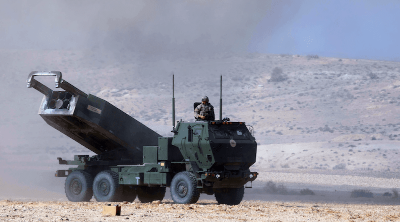 A soldier assesses the status of a High Mobility Rocket Artillery System after conducting a fire mission during Exercise Juniper Oak in Israel, Jan. 24, 2023. Photo Credit: Army Spc. David Campos-Contreras