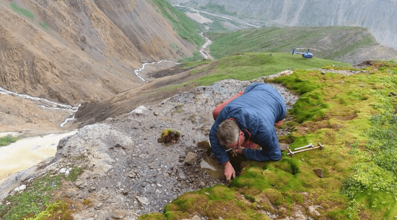 Utah State University geochemist Dennis Newell collects data from a spring along the Cantwell segment of Alaska’s Denali Fault. He and colleagues published findings in the journal ‘Geology,’ citing evidence of mantle-to-crust connections that increase the possibility of a future major earthquake. CREDIT: Jeff Benowitz