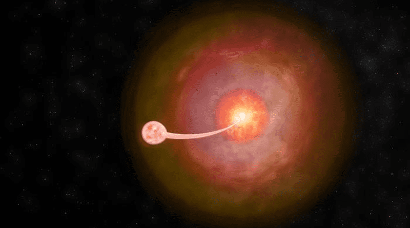 This artist’s conception depicts V1674 Herculis, a classical nova hosted in a binary star system that is made up of a white dwarf and dwarf companion star. Scientists studying this nova have detected non-thermal emission, a departure from the historical belief that these systems produce only thermal emissions. CREDIT: B. Saxton (NRAO/AUI/NSF)