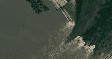 Satellite image of water flowing out of the Nova Kakhovka dam in Ukraine. Photo Credit: Ukraine Defense Ministry