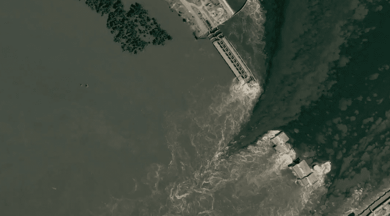 Satellite image of water flowing out of the Nova Kakhovka dam in Ukraine. Photo Credit: Ukraine Defense Ministry