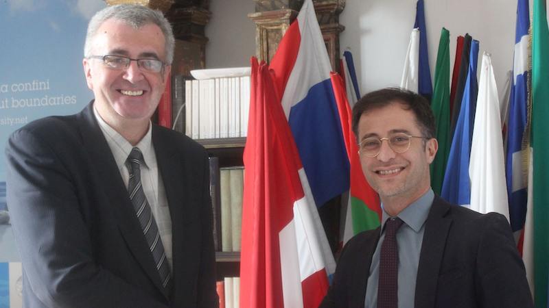 Prof. Dr. Sabahudin Hadzialic and Dr. Nicola Paravatti from UNINETTUNO University, Rome, Italy, after signing the contract for the cooperation in Rome, back in 1995/96. Outcome of that was Prof. Hadzialic’s lectures on MA studies within Communication Science Faculty of UNINETTUNO University from 1995/96 Academic year until 2021/22 year (seven years) on a module “Media ethics in Professional Journalism”.