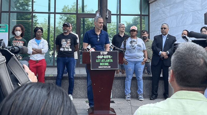 Kamau Franklin of Community Movement Builders and other organizers announce a ballot referendum effort at a June 7 press conference in Atlanta. (Photo: Twitter @Micahinatl)