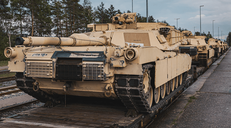 U.S. M1A1 Abrams tanks needed for training Ukrainian troops arrive by rail at Grafenwoehr, Germany, May 14, 2023. Photo Credit: Army Spc. Christian Carrillo