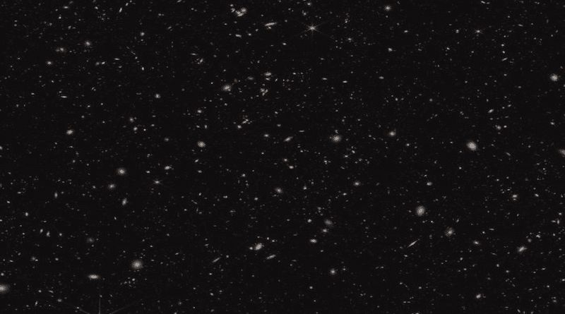 This infrared image from NASA’s James Webb Space Telescope (JWST) was taken for the JWST Advanced Deep Extragalactic Survey, or JADES, program. It shows a portion of an area of the sky known as GOODS-South, which has been well studied by the Hubble Space Telescope and other observatories. More than 45,000 galaxies are visible here. CREDIT Credits: NASA, ESA, CSA, Brant Robertson (UC Santa Cruz), Ben Johnson (CfA), Sandro Tacchella (Cambridge), Marcia Rieke (University of Arizona), Daniel Eisenstein (CfA). Image processing: Alyssa Pagan (STScI)
