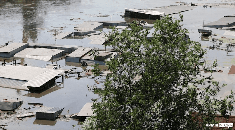 Settlements on the left bank of Dnieper River are underwater after the Kakhovka Dam was breached on 6th June, 2023. Photo Credit: Ukraine's Armyinform