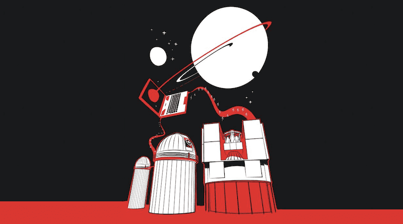 Illustration celebrating the discovery of the circumbinary planet BEBOP-1c using the radial-velocity method. Astronomers rarely put their eye to the telescope, but instead the data comes directly to their computers and laptops where it is analysed and interpreted. BEBOP-1c was detected using the ESPRESSO instrument at the Very Large Telescope in Chile, and by HARPS, at the 3.6m telescope also in Chile. Both are operated by ESO, the European Southern Observatory. CREDIT: Amanda Smith / University of Birmingham