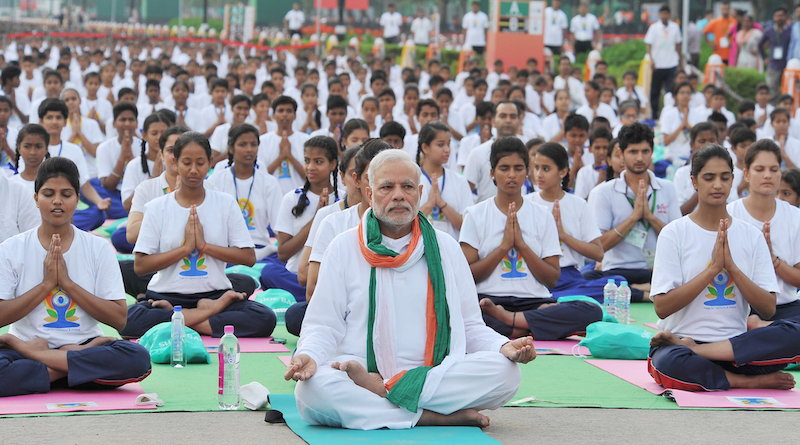 India's Prime Minister Narendra Modi at Yoga Day celebrations in New Delhi, 21 June 2015. Photo Credit: Prime Minister's Office, Wikipedia Commons